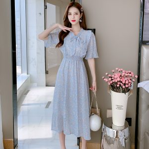 French Forest Floral Dress Women Waist Tie Bellflower 2021 Summer Short Sleeve Fairy Chiffon Dress