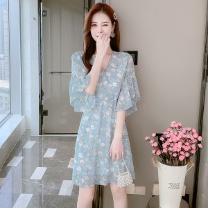 Vintage Chiffon Floral Tassel Lace-Up Waist Dress