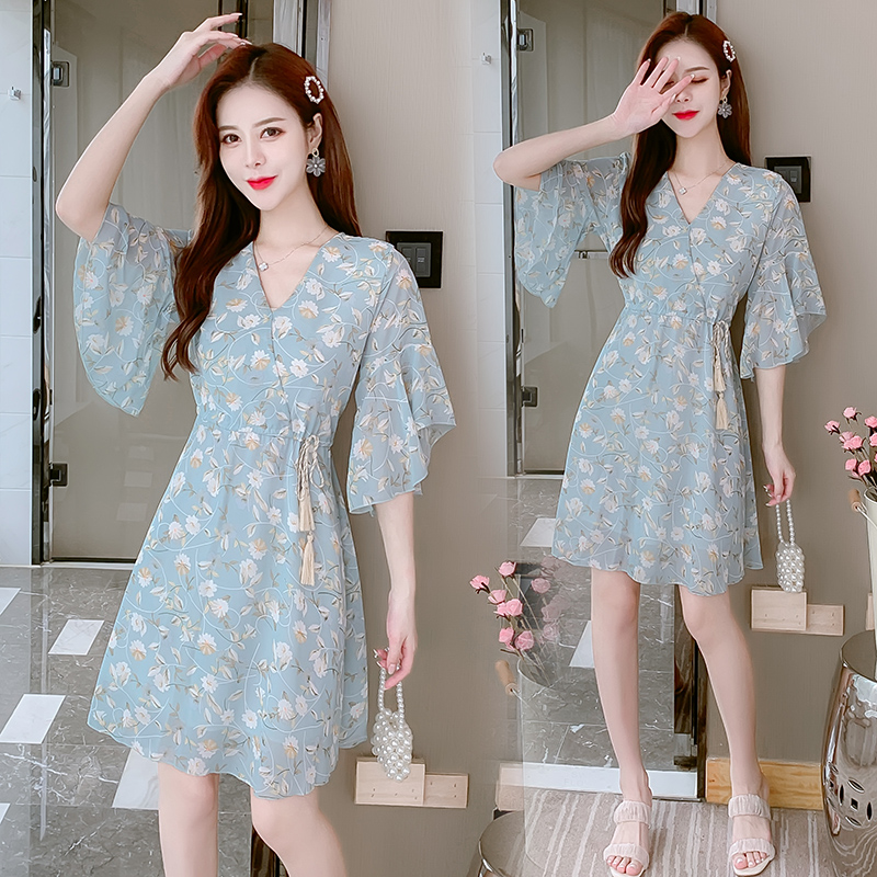 Vintage Chiffon Floral Tassel Lace-Up Waist Dress - Image 2