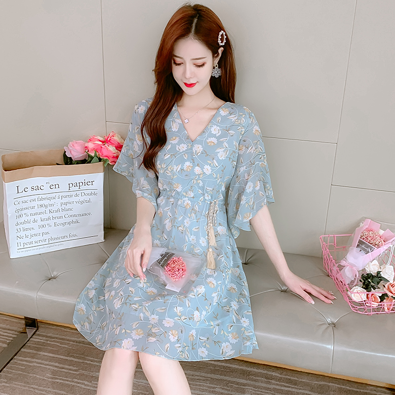 Vintage Chiffon Floral Tassel Lace-Up Waist Dress - Image 3