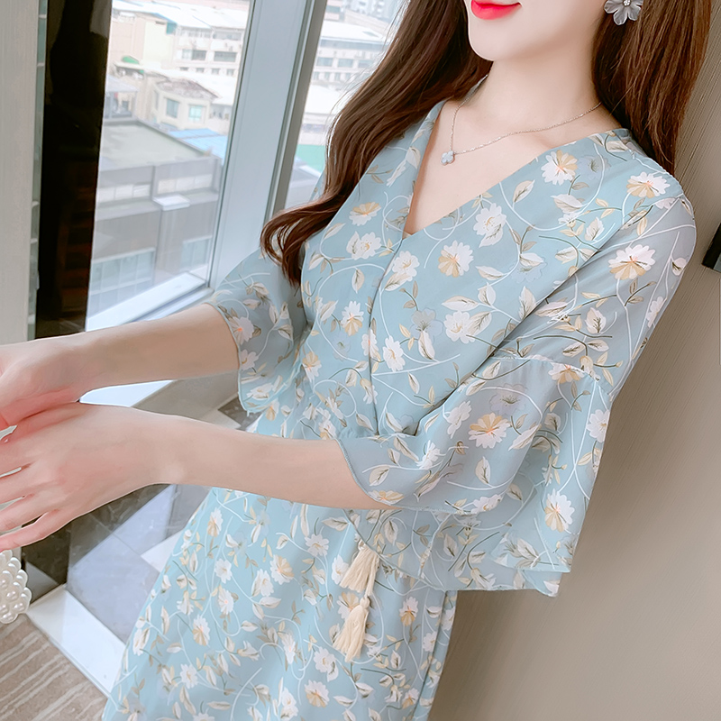 Vintage Chiffon Floral Tassel Lace-Up Waist Dress - Image 4