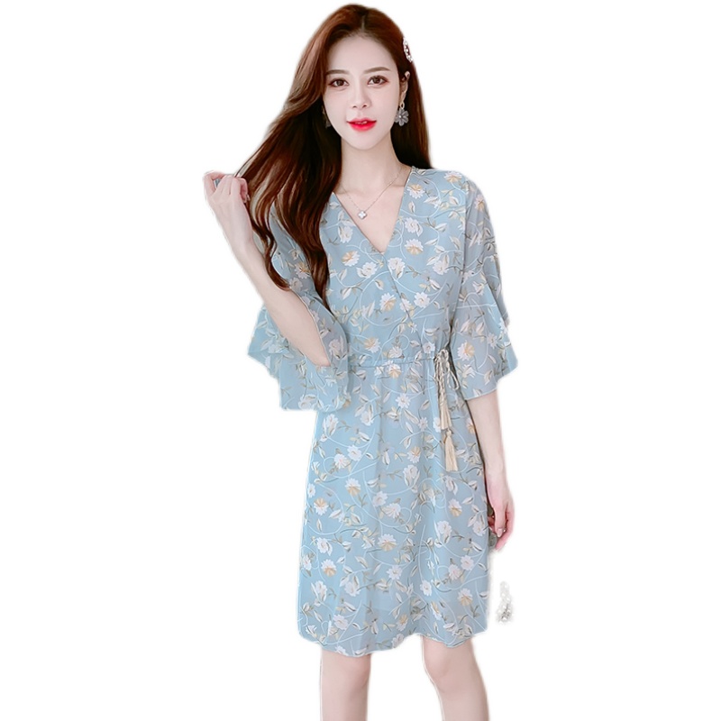 Vintage Chiffon Floral Tassel Lace-Up Waist Dress - Image 5