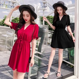 2021 Summer V-Neck A-Line Dress with Cinched Waist