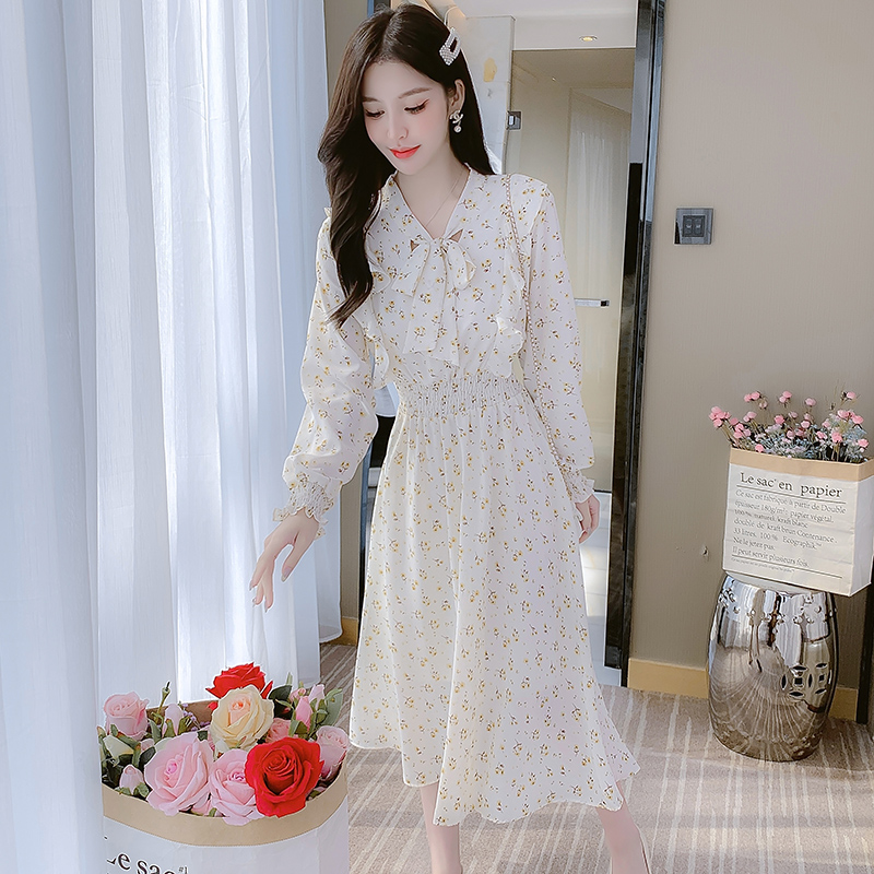 French Style Floral Chiffon Long Dress Women Spring 2022 Slim Fit V-Neck A-Line