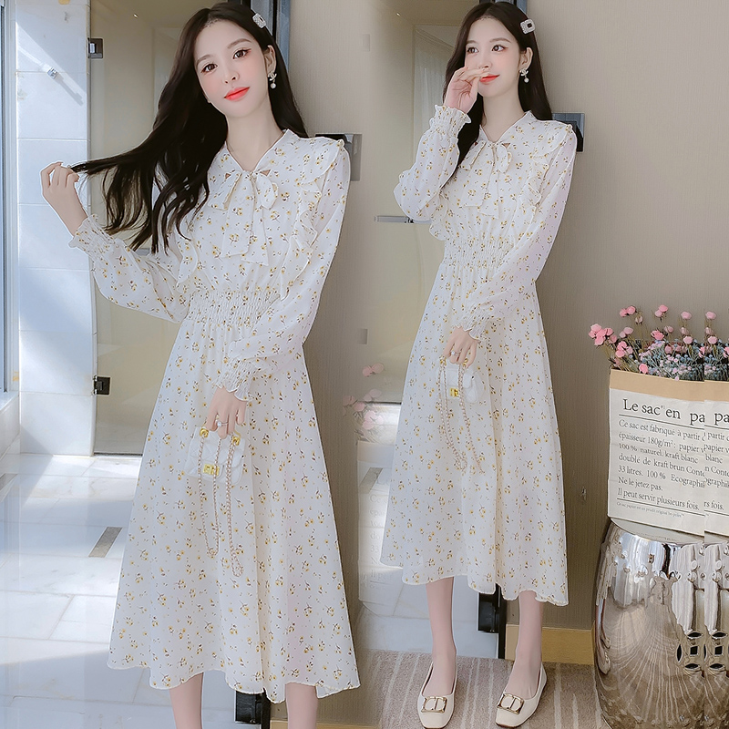 French Style Floral Chiffon Long Dress Women Spring 2022 Slim Fit V-Neck A-Line - Image 2