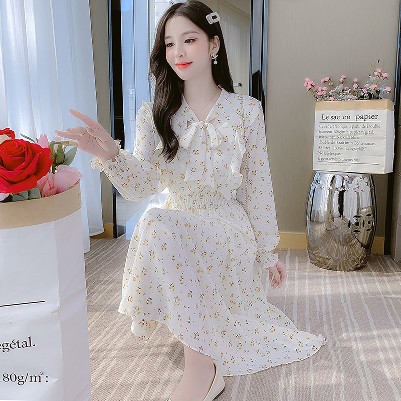 French Style Floral Chiffon Long Dress Women Spring 2022 Slim Fit V-Neck A-Line - Image 3
