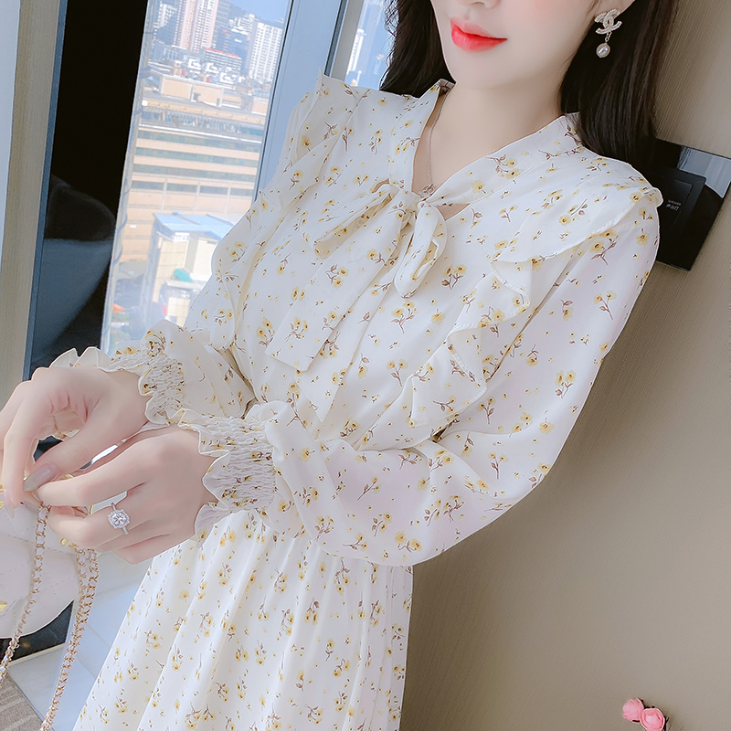 French Style Floral Chiffon Long Dress Women Spring 2022 Slim Fit V-Neck A-Line - Image 4