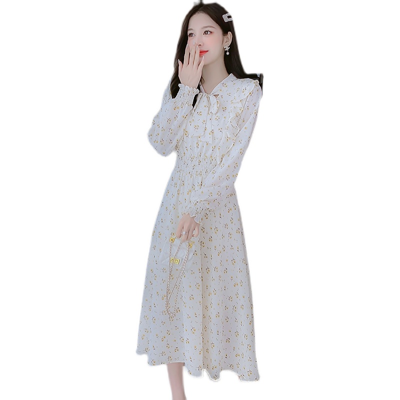 French Style Floral Chiffon Long Dress Women Spring 2022 Slim Fit V-Neck A-Line - Image 5