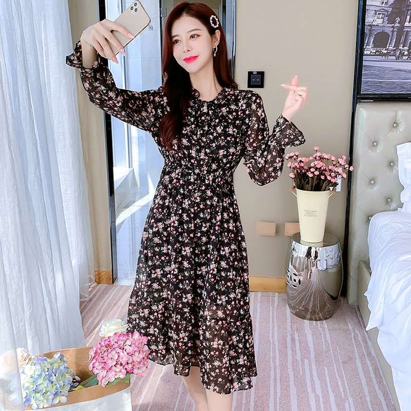 2021 French Hepburn Style Black Floral Chiffon Dress for Women