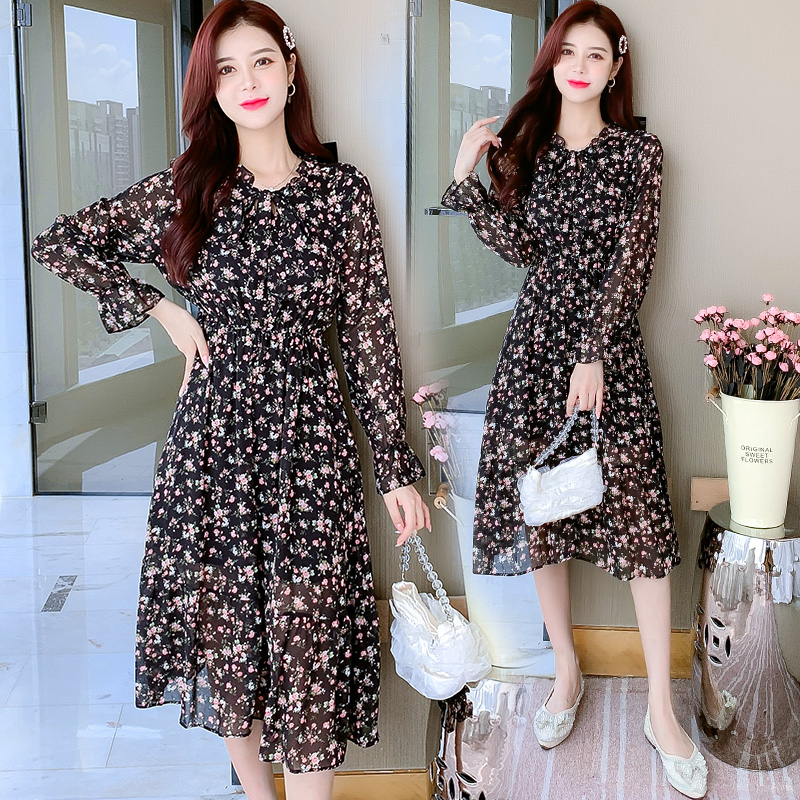 2021 French Hepburn Style Black Floral Chiffon Dress for Women - Image 2