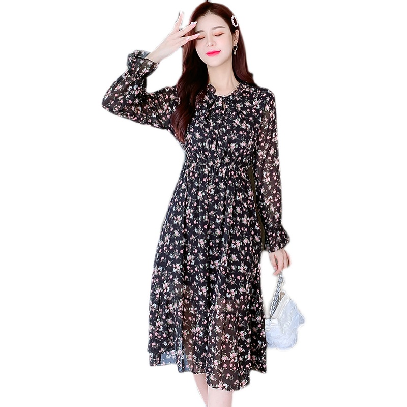 2021 French Hepburn Style Black Floral Chiffon Dress for Women - Image 5