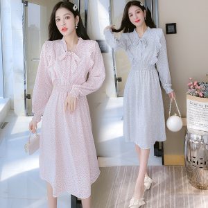 Women's French Style Floral Chiffon Long Dress with Waist Cinch and Slimming Fit
