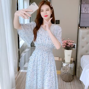 2021 Summer Chiffon Short Sleeve Hollow Out Ruffle Waist Cinched Dress