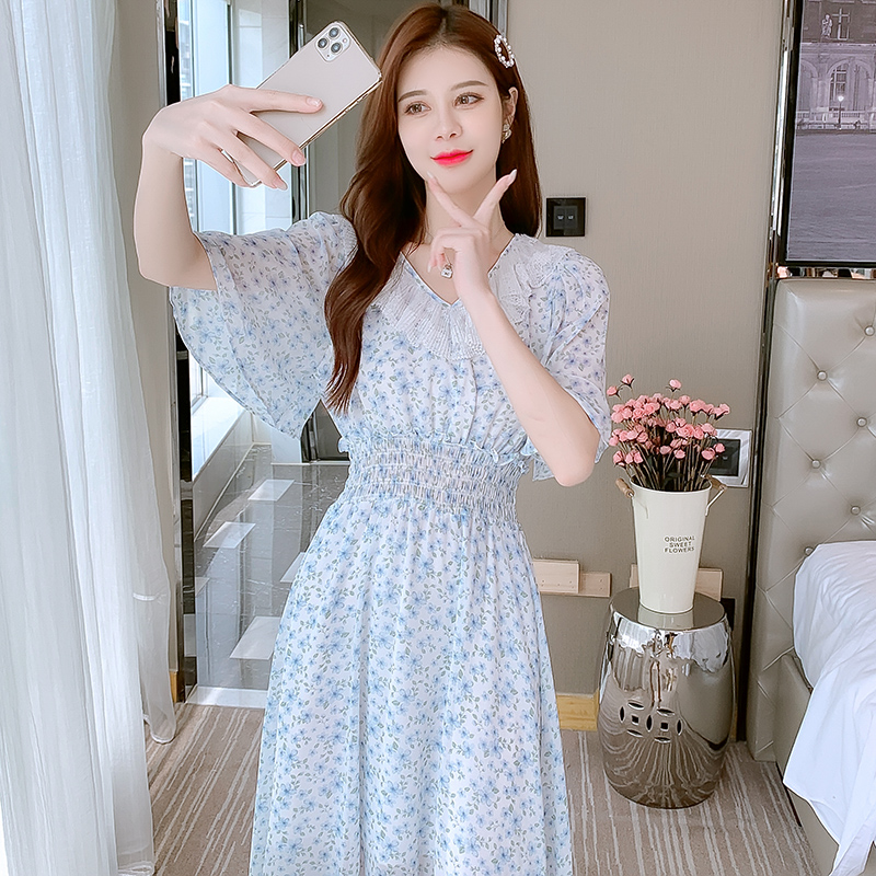 2021 Summer Chiffon Short Sleeve Hollow Out Ruffle Waist Cinched Dress