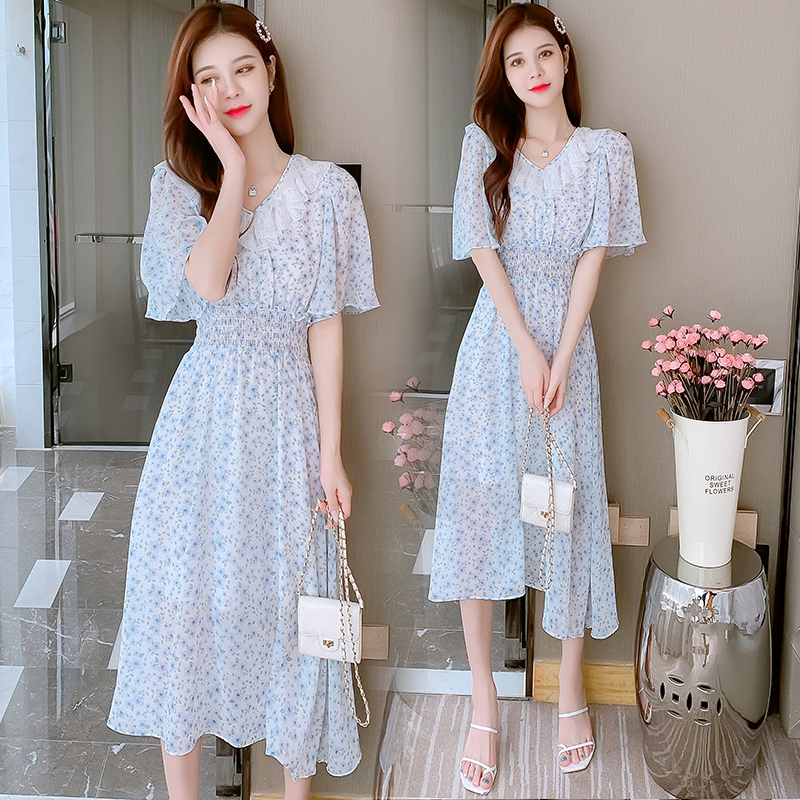 2021 Summer Chiffon Short Sleeve Hollow Out Ruffle Waist Cinched Dress - Image 2