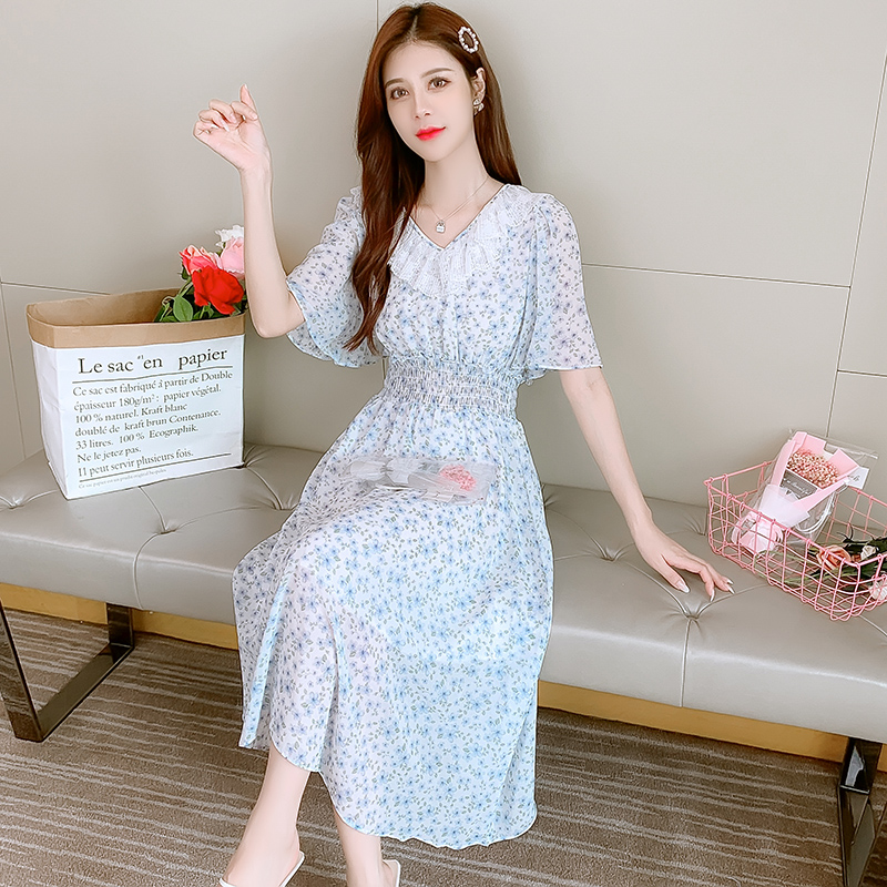 2021 Summer Chiffon Short Sleeve Hollow Out Ruffle Waist Cinched Dress - Image 3