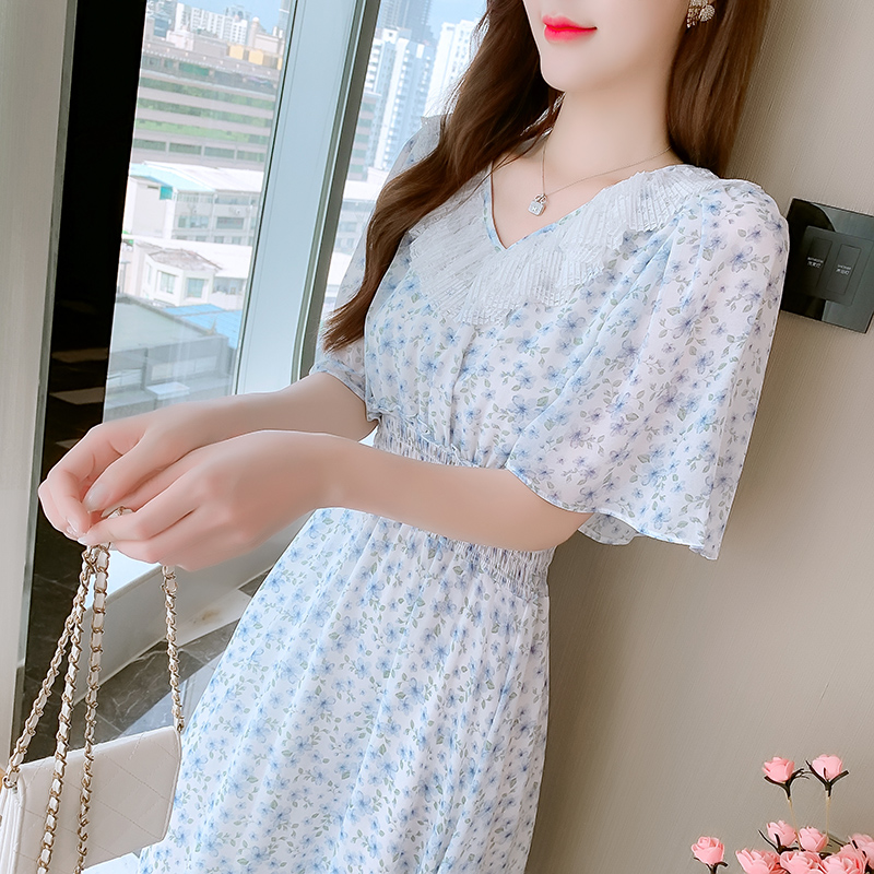 2021 Summer Chiffon Short Sleeve Hollow Out Ruffle Waist Cinched Dress - Image 4