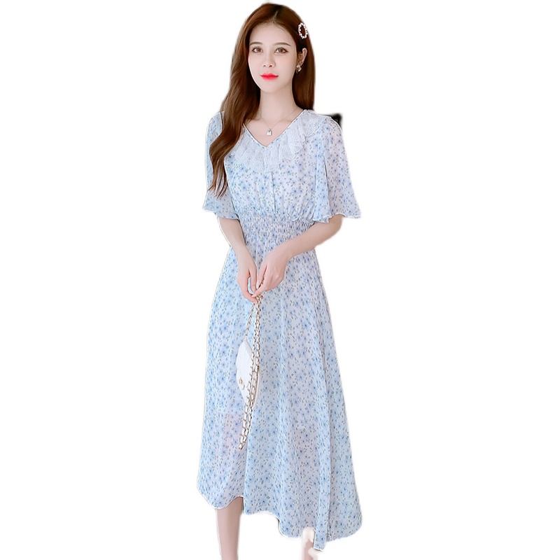 2021 Summer Chiffon Short Sleeve Hollow Out Ruffle Waist Cinched Dress - Image 5