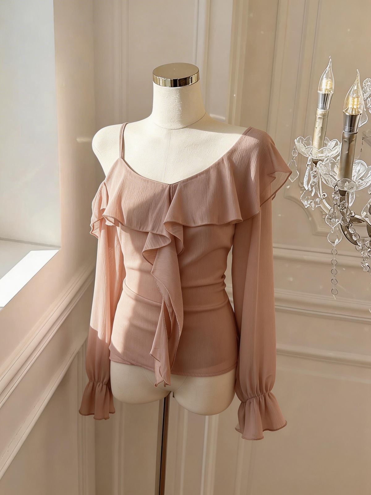 Ruffled Off-Shoulder Chiffon Top V-Neck Long Sleeve Blouse - Image 2