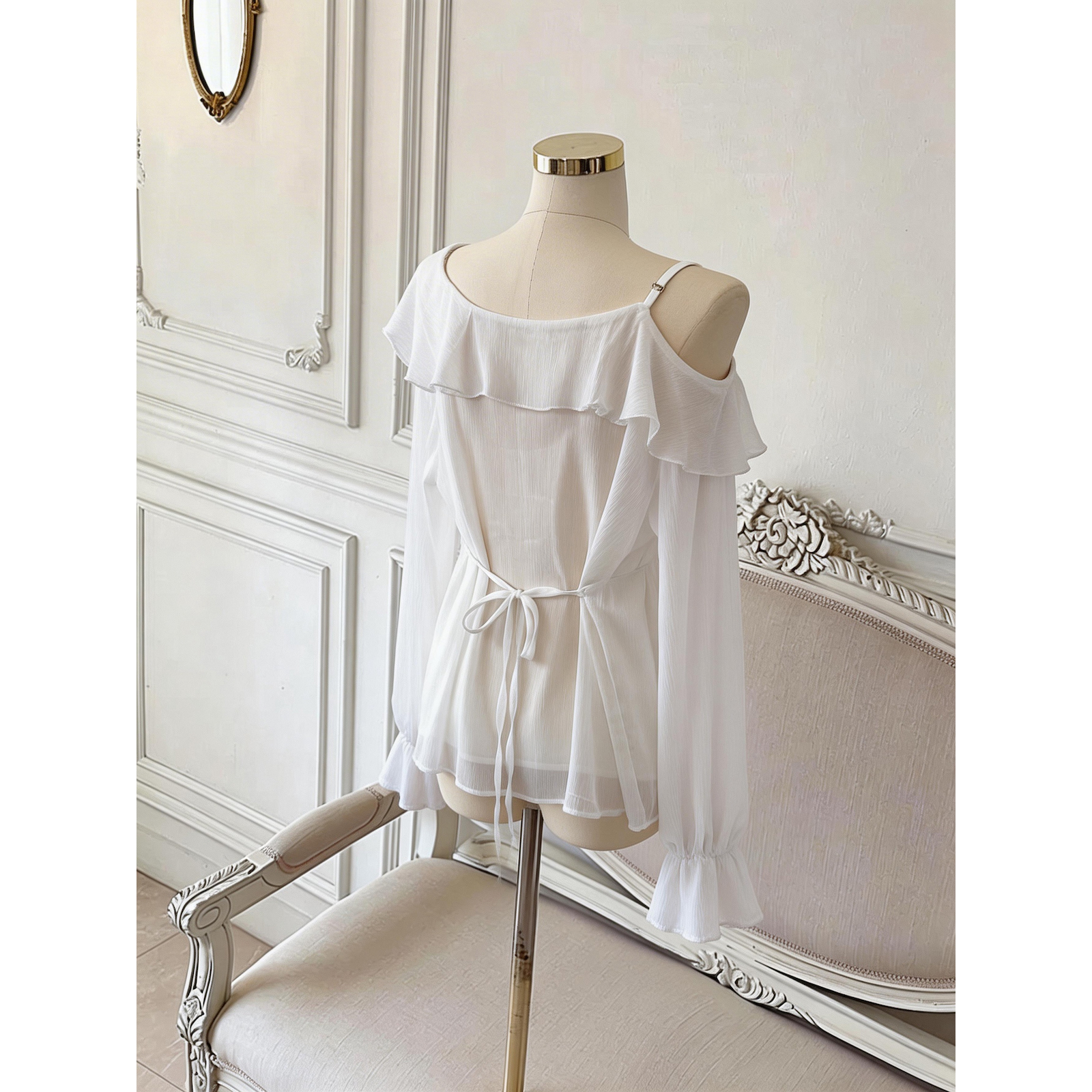Ruffled Off-Shoulder Chiffon Top V-Neck Long Sleeve Blouse - Image 5