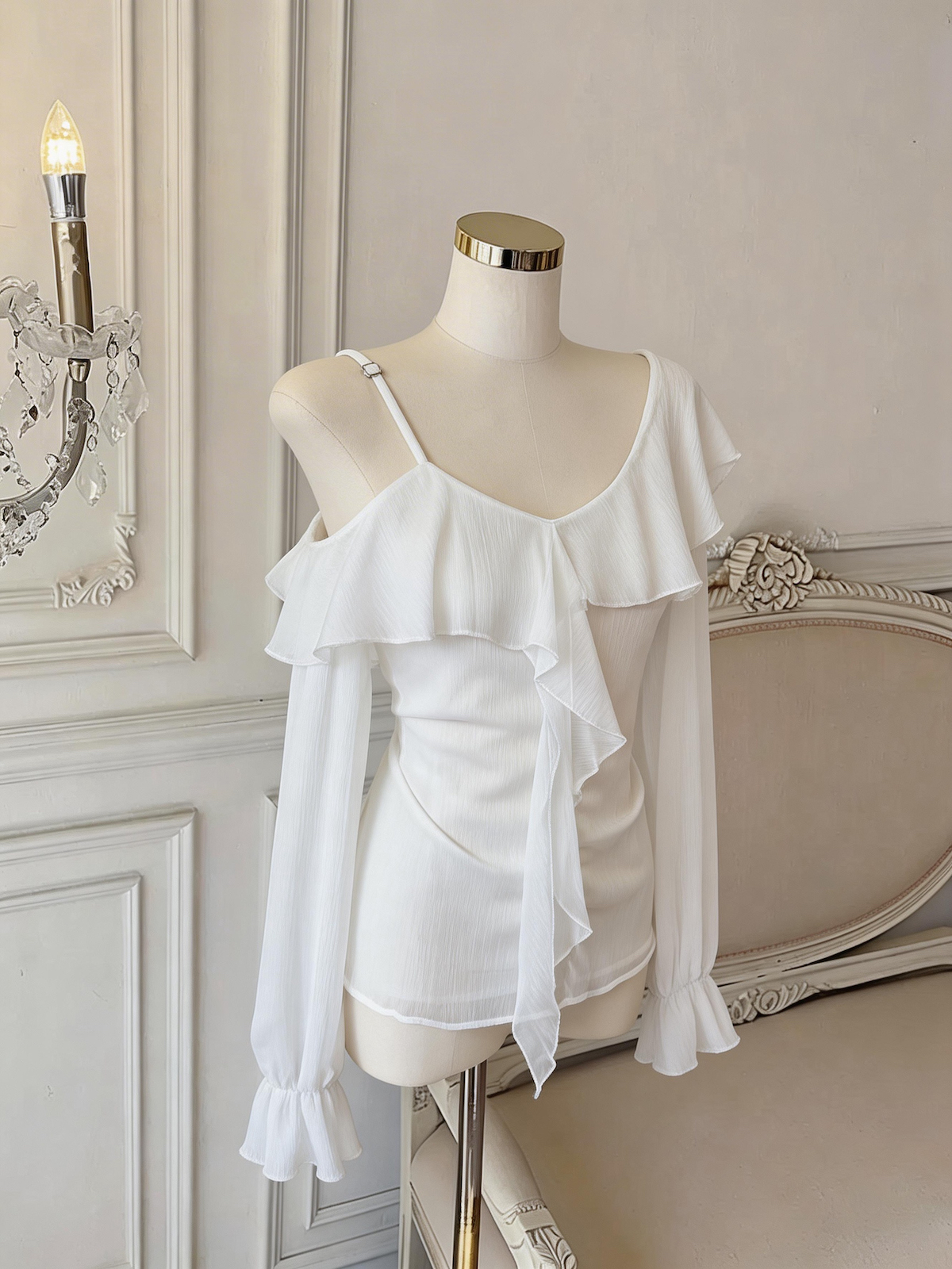 Ruffled Off-Shoulder Chiffon Top V-Neck Long Sleeve Blouse - Image 3