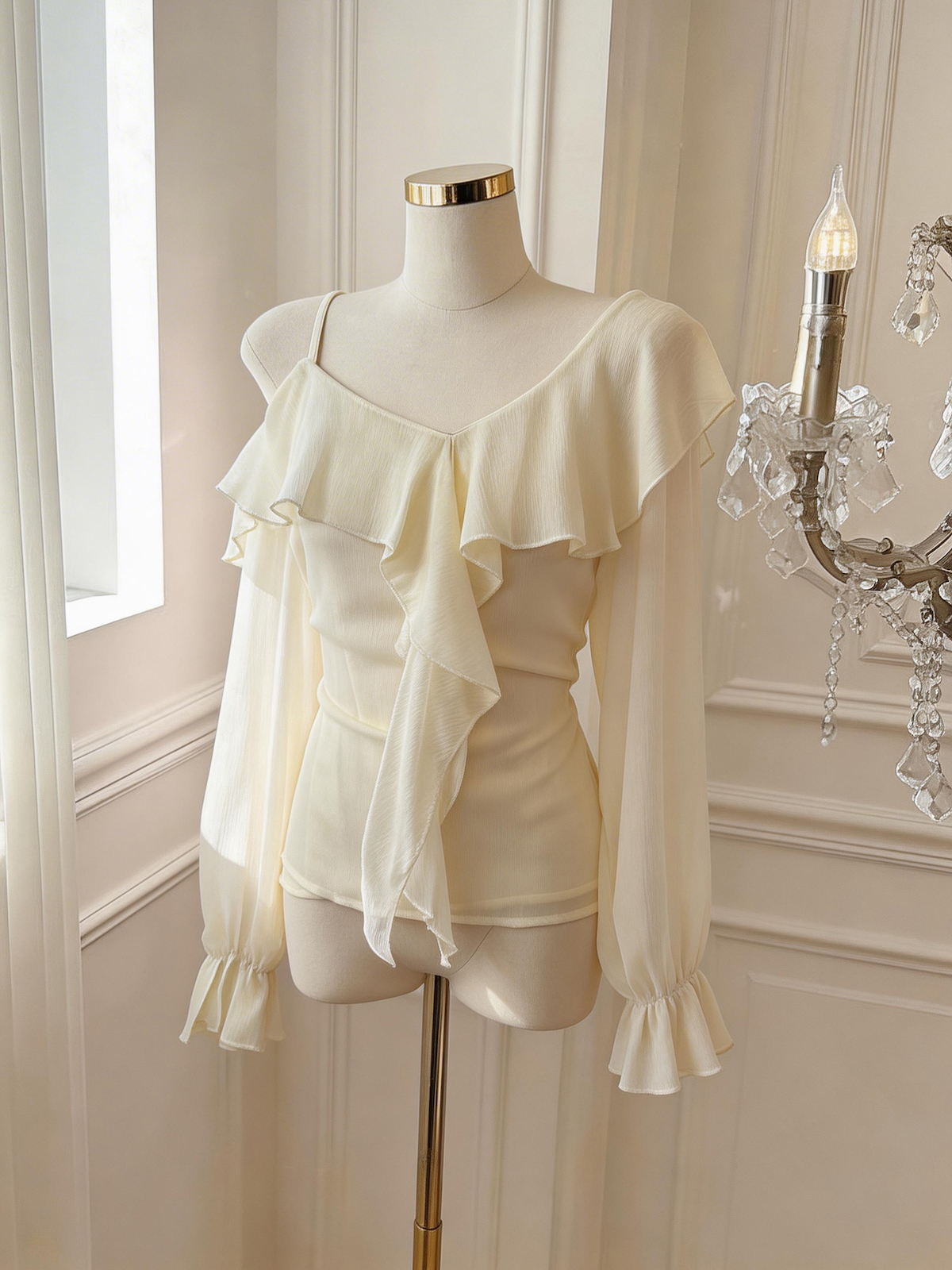 Ruffled Off-Shoulder Chiffon Top V-Neck Long Sleeve Blouse - Image 4