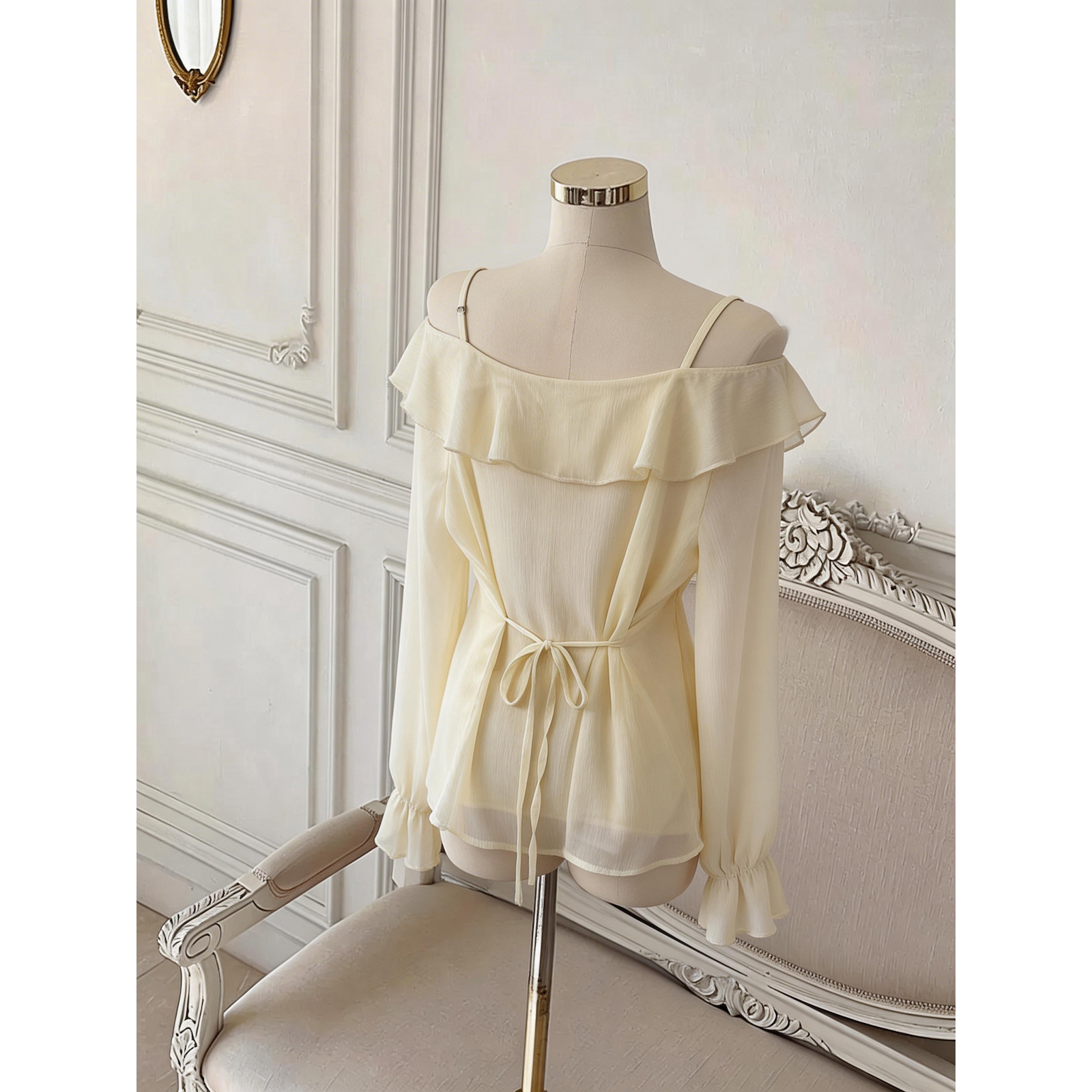 Women's Ruffled Off-Shoulder Chiffon Top V-Neck Long Sleeve Blouse - Image 5