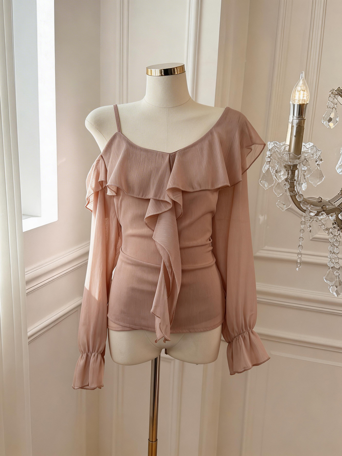 Women's Ruffled Off-Shoulder Chiffon Top V-Neck Long Sleeve Blouse - Image 3