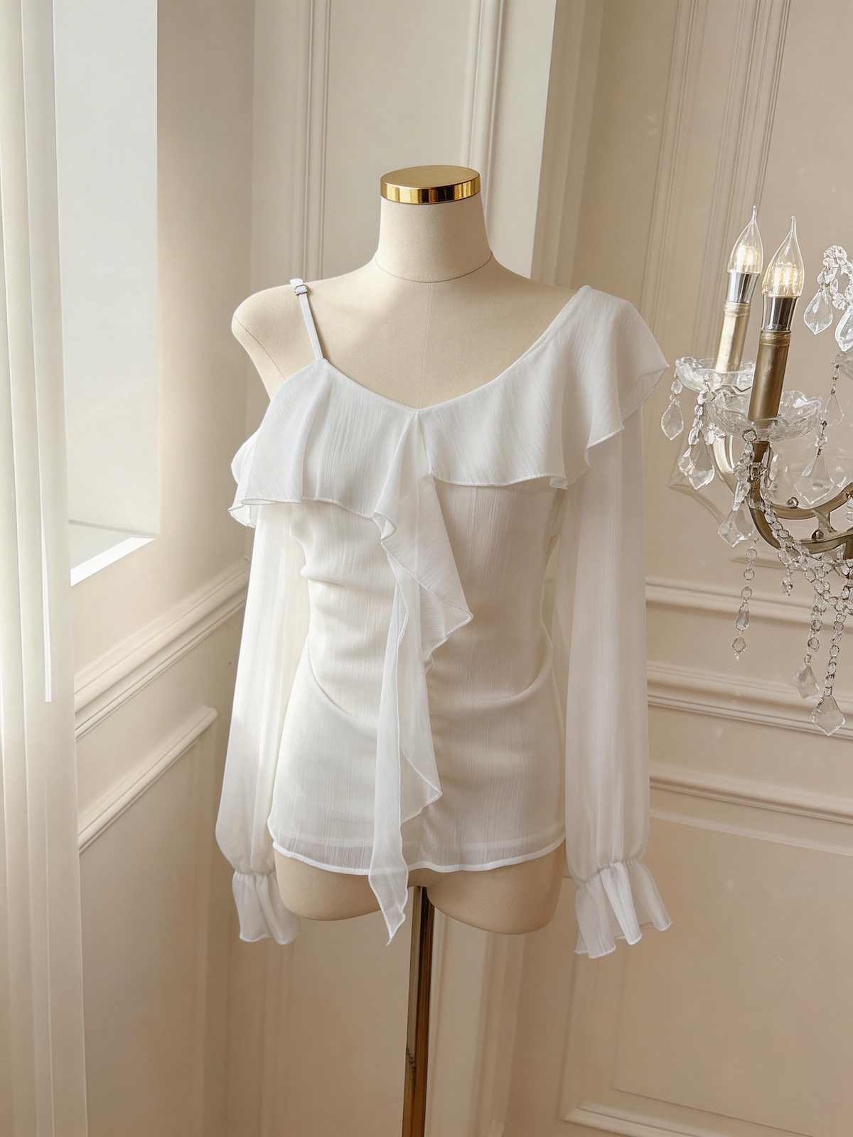 Women's Ruffled Off-Shoulder Chiffon Top V-Neck Long Sleeve Blouse - Image 2