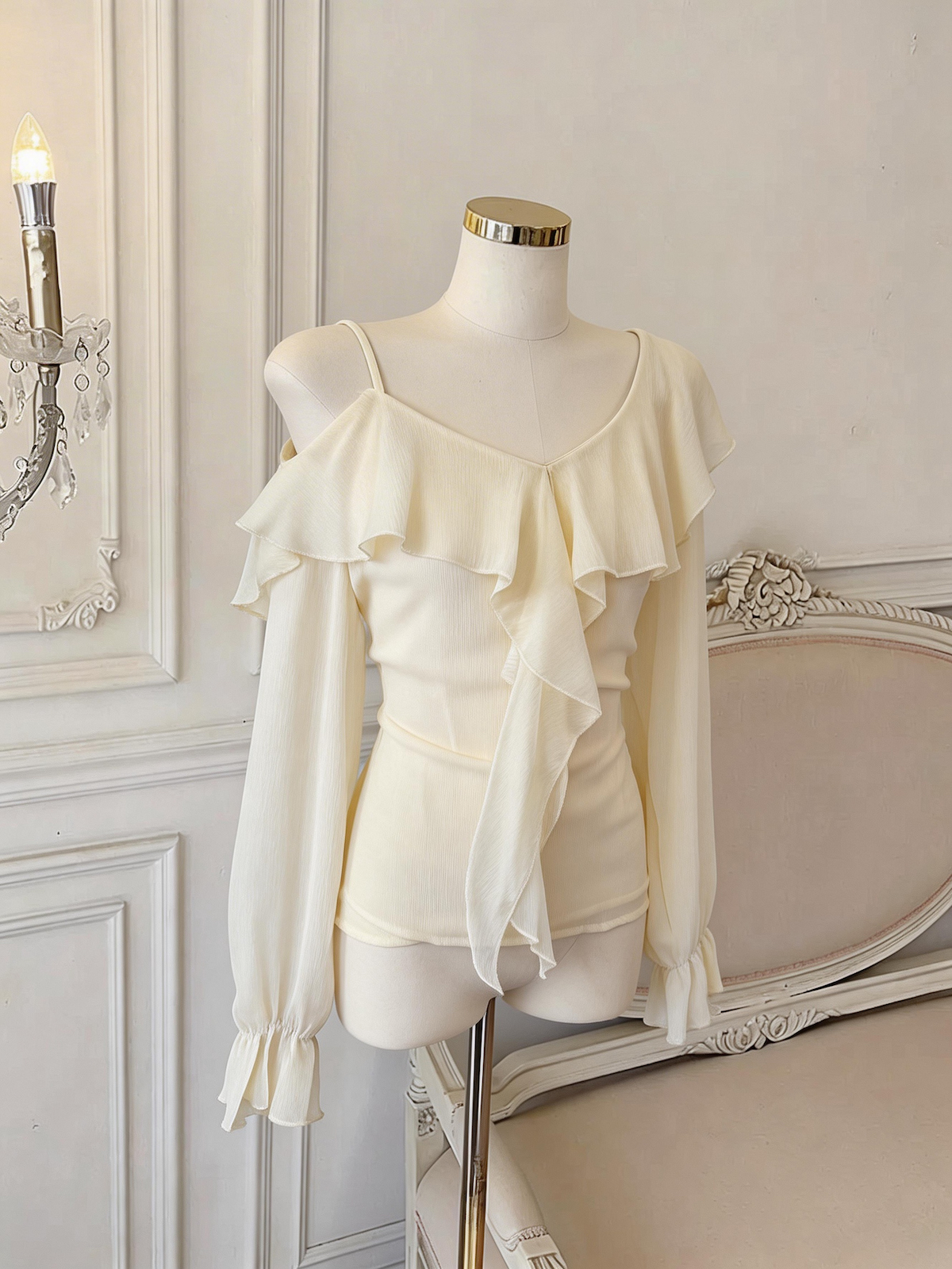 Women's Ruffled Off-Shoulder Chiffon Top V-Neck Long Sleeve Blouse - Image 4