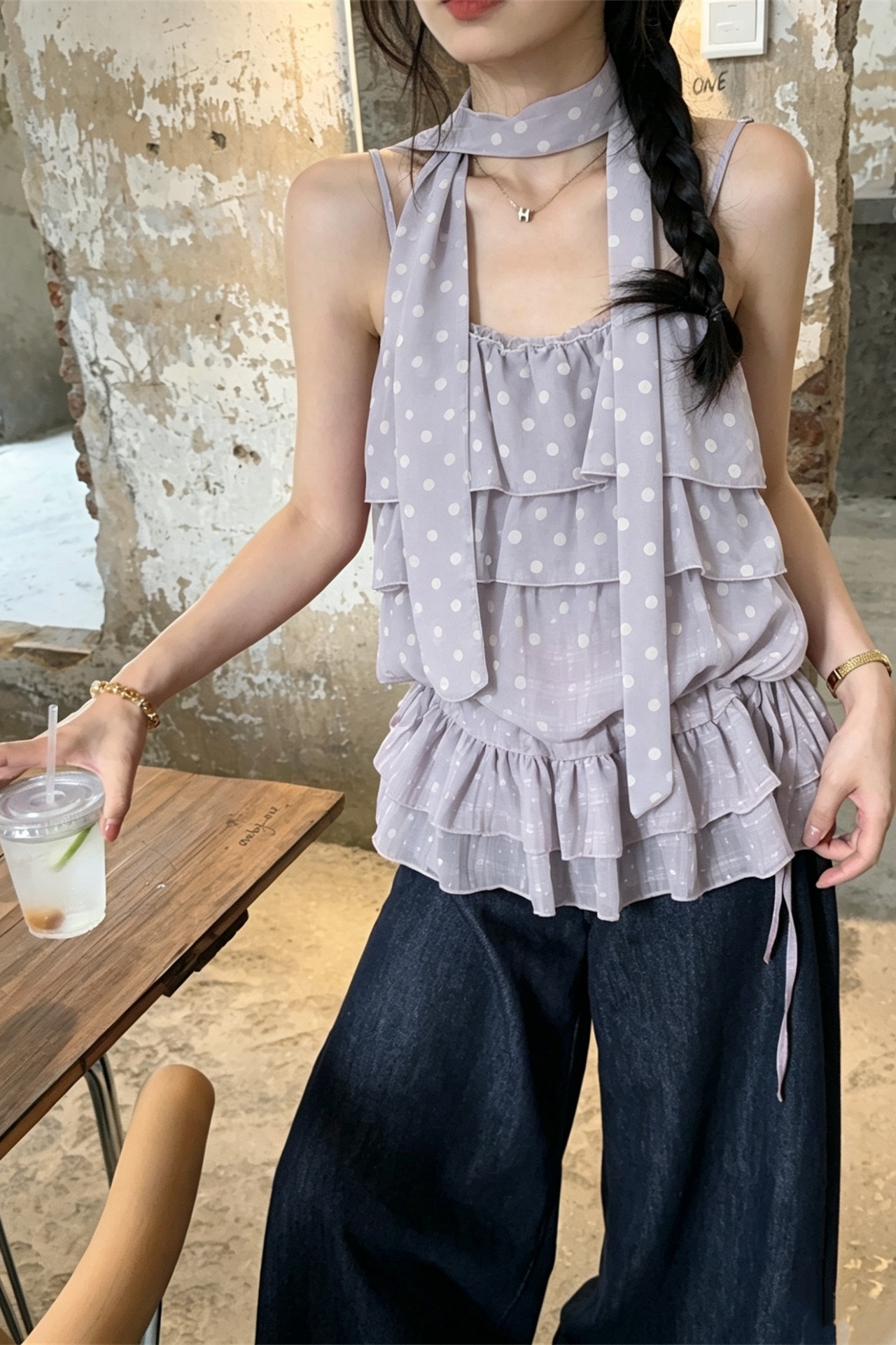 Sweet Grape Purple Polka Dot Cami Top with Ruffle Trim - Image 5