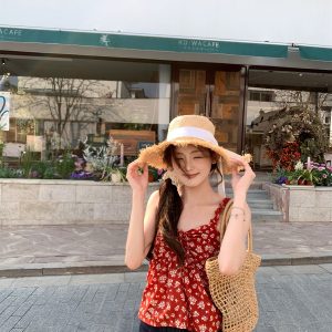 Sweet Floral Camisole Tank Top with Drawstring Sleeveless Vest