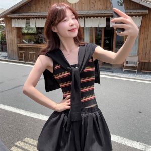 Sweet Striped Embroidered Heart Camisole and A-Line Bloomer Skirt Two-Piece Set