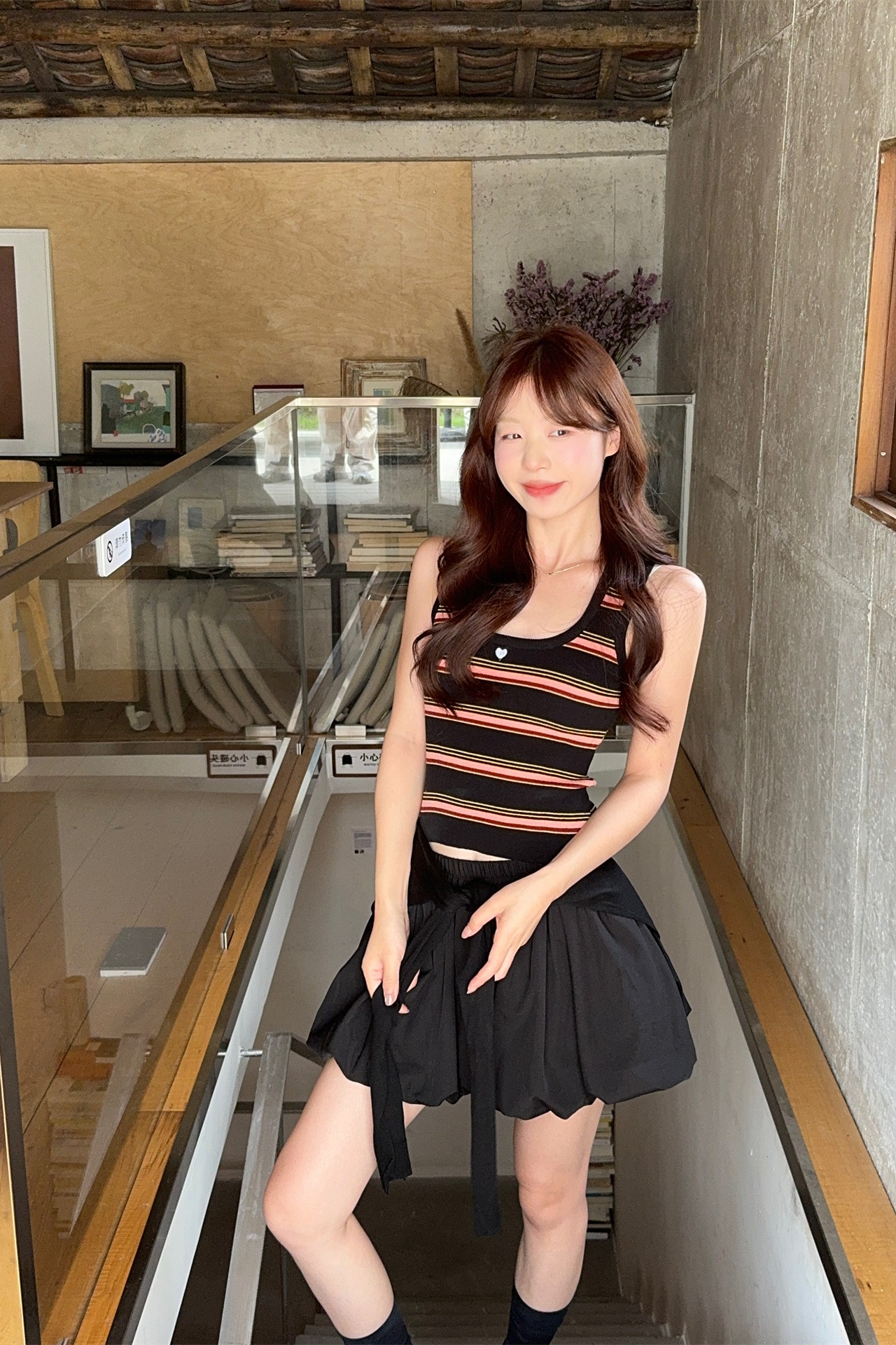 Sweet Striped Embroidered Heart Camisole and A-Line Bloomer Skirt Two-Piece Set - Image 5