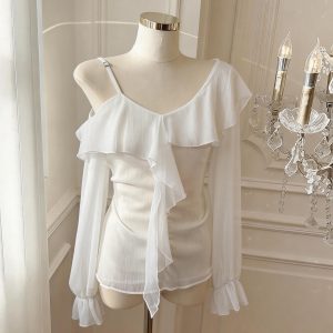 Ruffled Off-Shoulder Chiffon Top V-Neck Long Sleeve Blouse