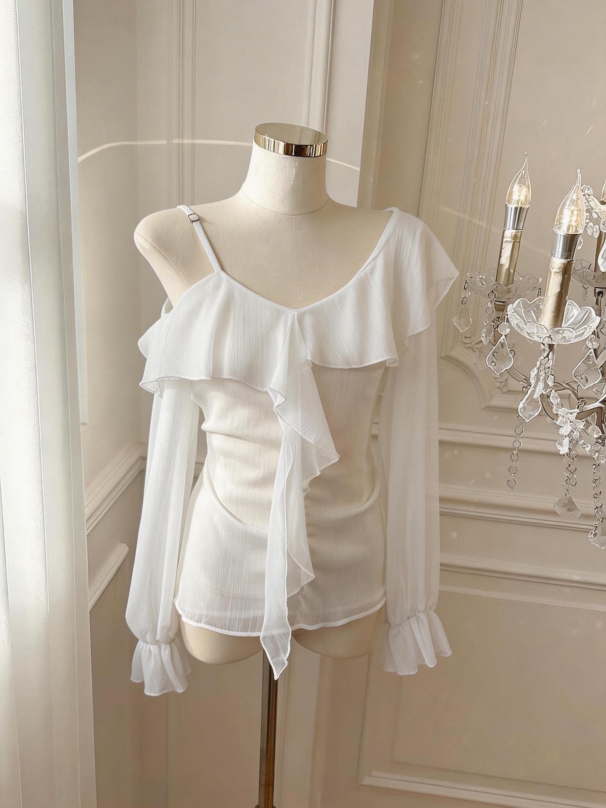 Ruffled Off-Shoulder Chiffon Top V-Neck Long Sleeve Blouse