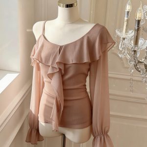 Women's Ruffled Off-Shoulder Chiffon Top V-Neck Long Sleeve Blouse