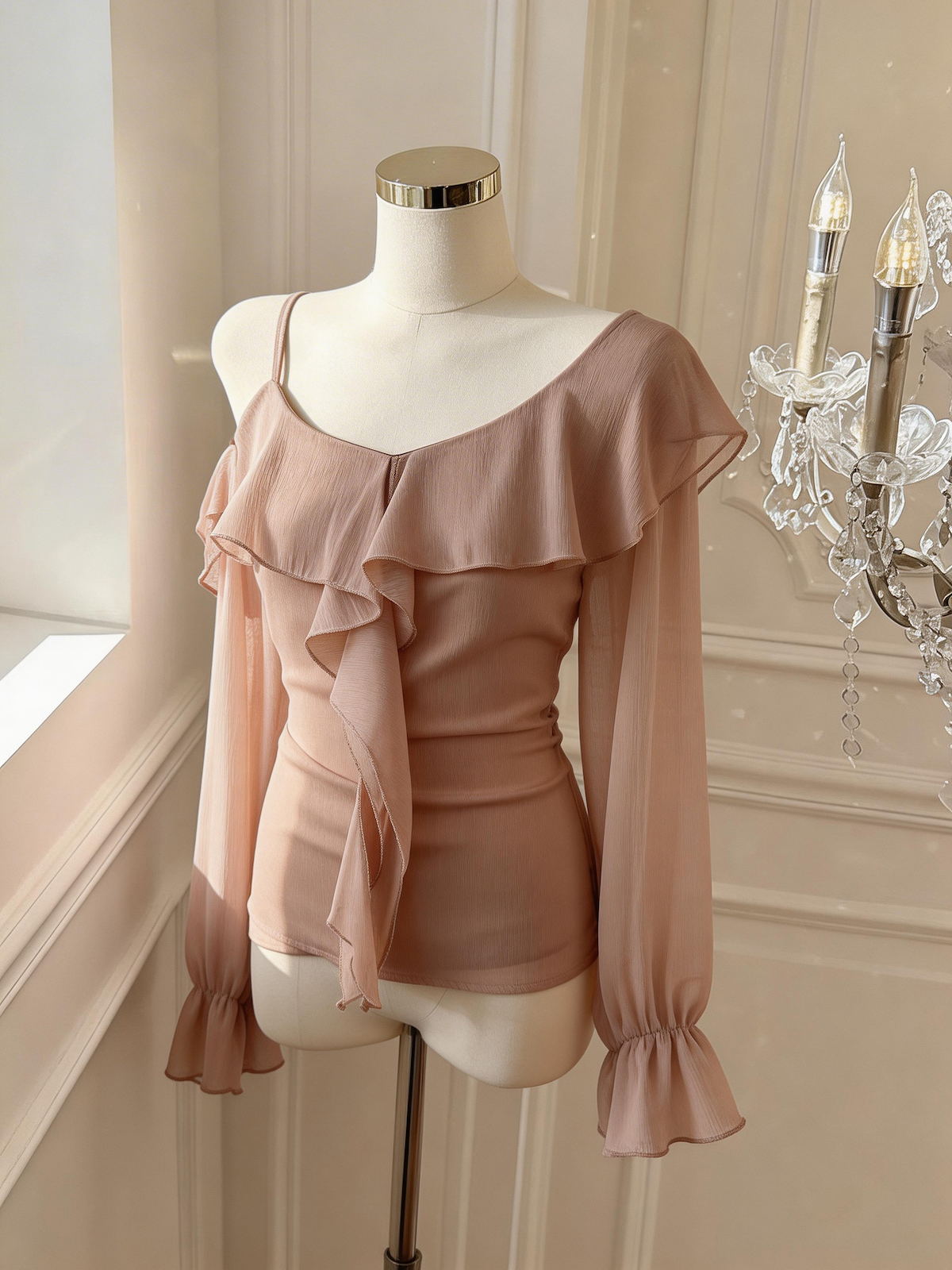 Women's Ruffled Off-Shoulder Chiffon Top V-Neck Long Sleeve Blouse