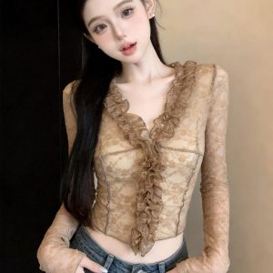 French Court Vintage Lace Trim Long Sleeve Blouse for Women with Flared Sleeves