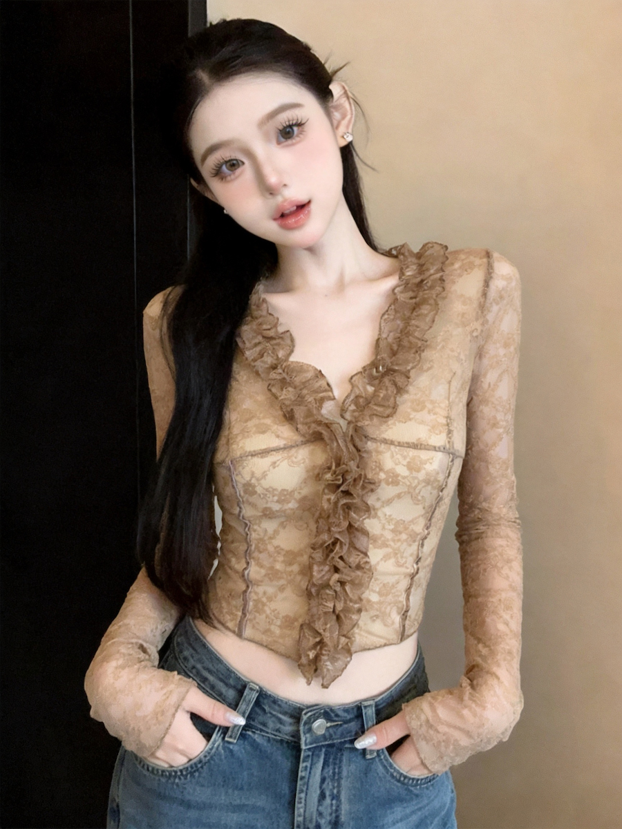 French Court Vintage Lace Trim Long Sleeve Blouse for Women with Flared Sleeves
