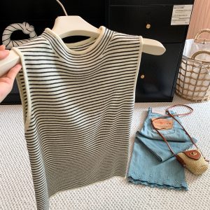 Classic Slimming Striped Half Turtleneck Knit Vest 2026 Early Autumn New Soft Skin-Friendly Slim Sleeveless Top