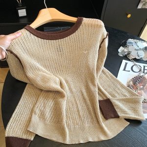 Korean Color Block Back Cutout Long Sleeve Knit Sweater Women Fall Loose Slimming Top