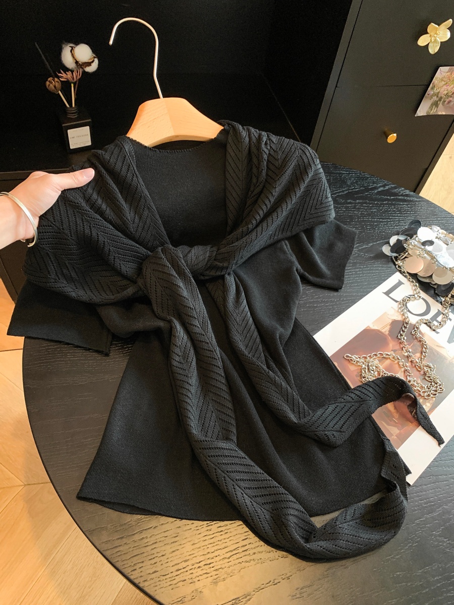 2026 Autumn Korean Style Two-Piece Cape Tie Short Sleeve T-Shirt Top - Image 3