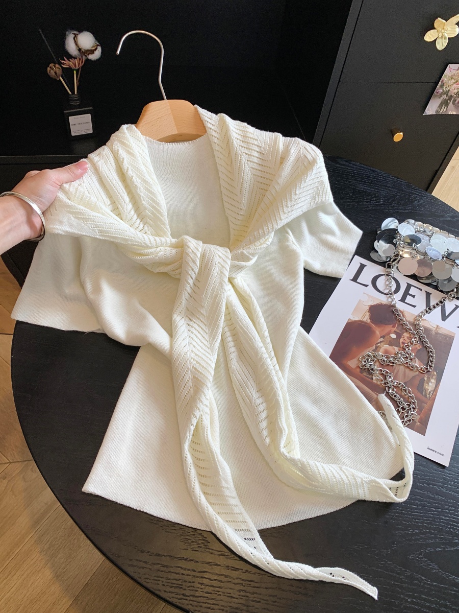 2026 Autumn Korean Style Two-Piece Cape Tie Short Sleeve T-Shirt Top - Image 2