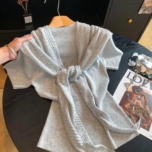 2026 Autumn Korean Style Two-Piece Cape Tie Short Sleeve T-Shirt Top