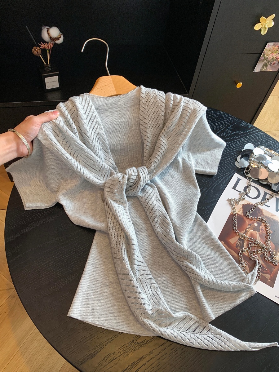 2026 Autumn Korean Style Two-Piece Cape Tie Short Sleeve T-Shirt Top