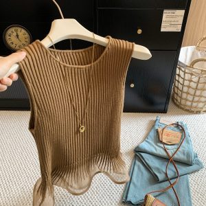 Women's Khaki Crew Neck Knit Vest Slimming Chic Mesh Spliced Top - Style 5be251
