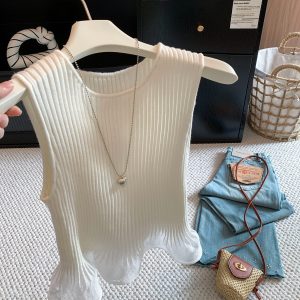 Women's Khaki Crew Neck Knit Vest Slimming Chic Mesh Spliced Top - Style 2ed1dc