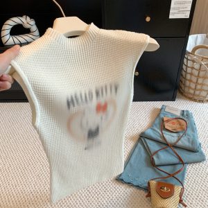 Women's Slim Fit Sleeveless Knit T-Shirt with Cartoon Print