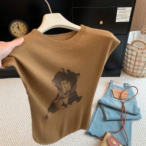 Women's Printed Sleeveless Knit Top Half Turtleneck Pullover Early Autumn Commute